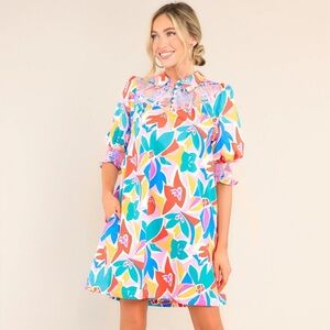 Fate smocked mini dress colorful print collar pockets 3/4 long sleeve floral